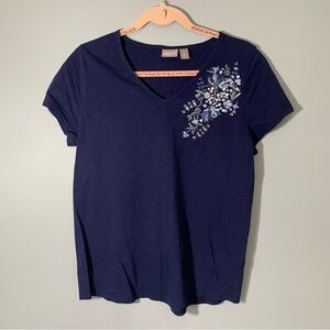 Chico's Navy Blue Floral Embroidered Women's Top Shirt Blouse